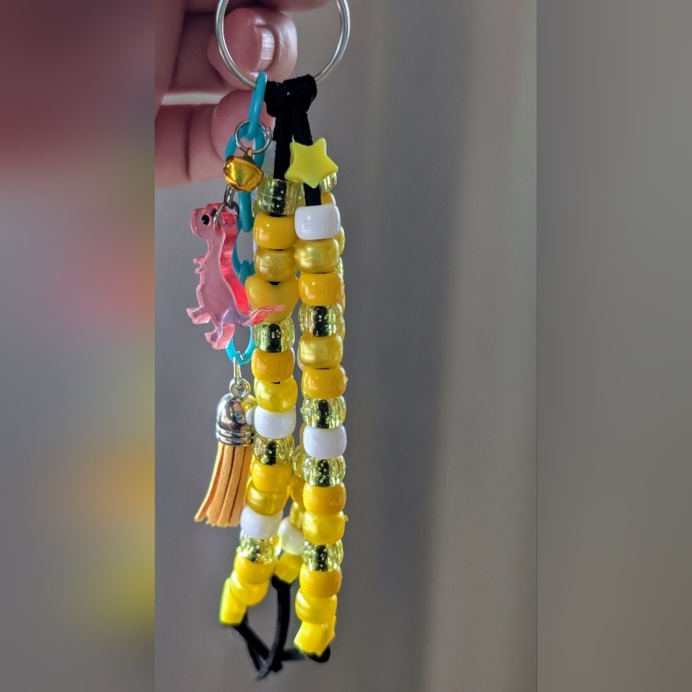 Yellow Beaded Keychain/Bag Charm with Dinosaur Charm